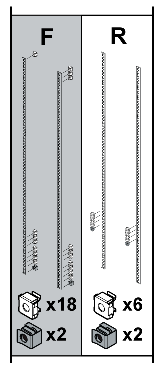 Technical assembly diagram showing vertical rack rails. Orange highlights and star icons indicate specific holes on the front and rear rails where cage nuts must be inserted, aligned with the 1RU starting position.