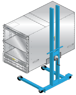 Isometric view showing a large silver modular switch chassis being supported from behind by a blue wheeled mechanical lift. The lift's platform is inserted into the base of the chassis to safely move it into the rack.