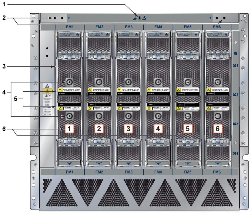 A detailed technical diagram of the rear panel of an Arista DCS-7804 modular switch chassis, illustrating the layout of fabric modules and grounding points.