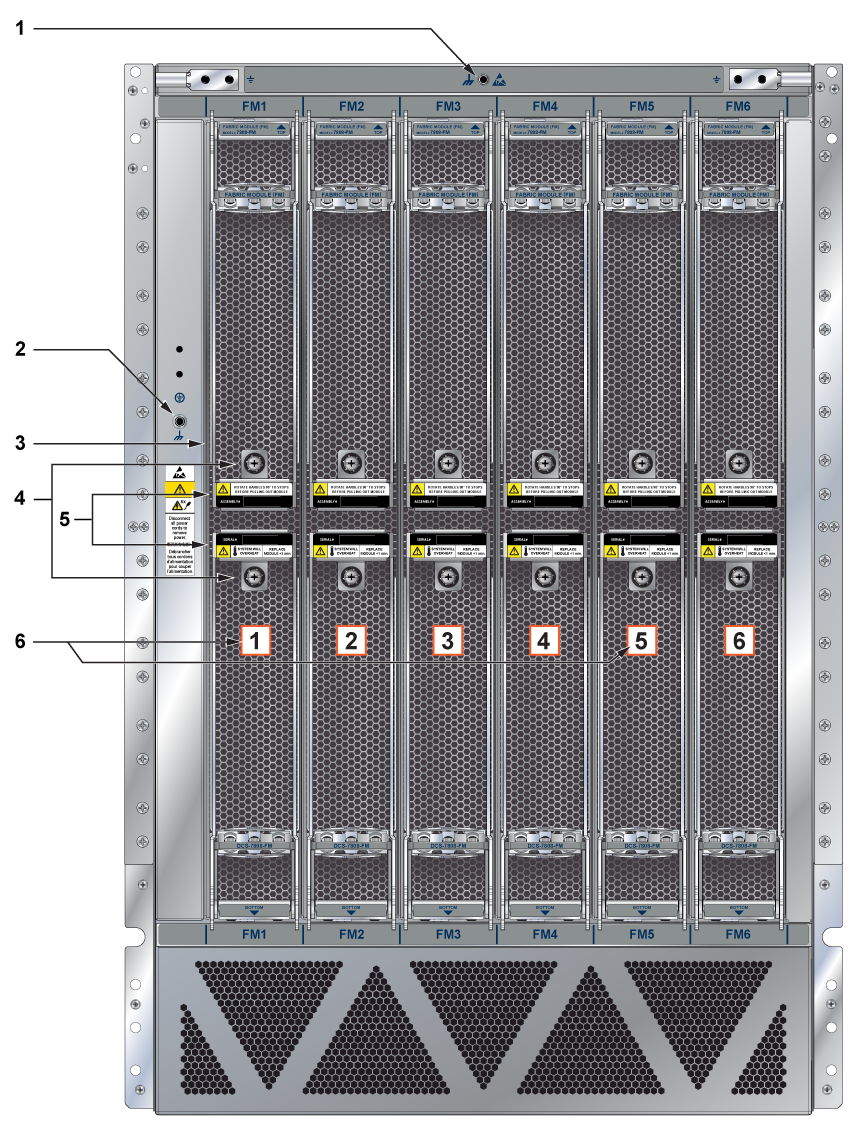 A technical diagram of the rear panel of an Arista DCS-7808 modular switch chassis, detailing the vertical fabric module array and grounding interface.