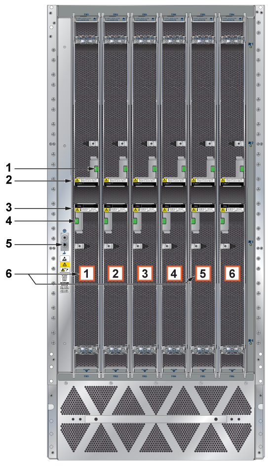 A detailed technical diagram of the rear panel of an Arista DCS-7812 modular switch chassis, illustrating a high-density vertical fabric module configuration.