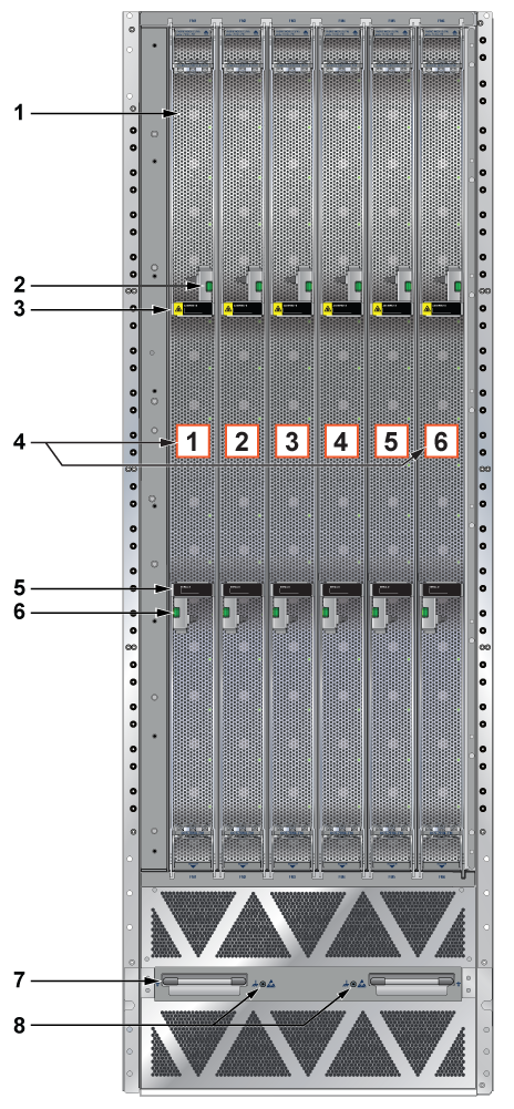 A detailed technical diagram of the rear panel of an Arista DCS-7816L modular switch chassis, featuring six high-density vertical fabric modules and numbered callouts from 1 to 8.