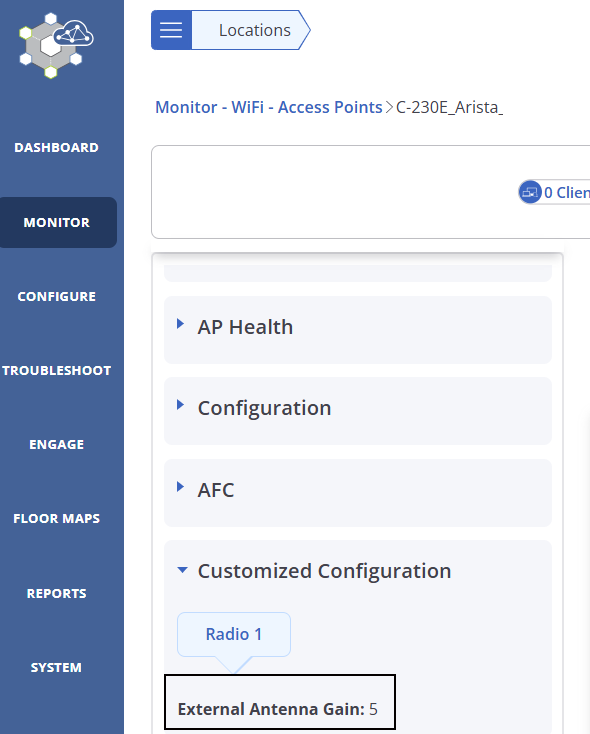 Verify external antenna gain from the customized configuration section